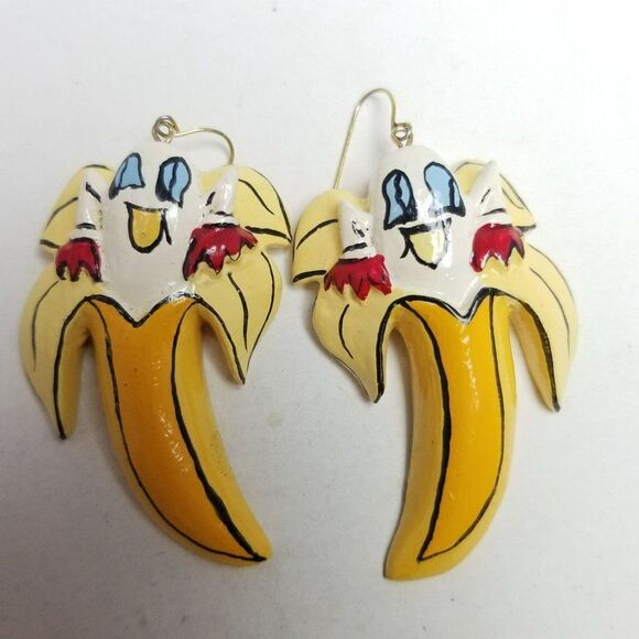 Vintage Sassy Bananas Dangle Earrings, Weird Wonderful 70s 80s Style, Estate - Picture 5 of 6
